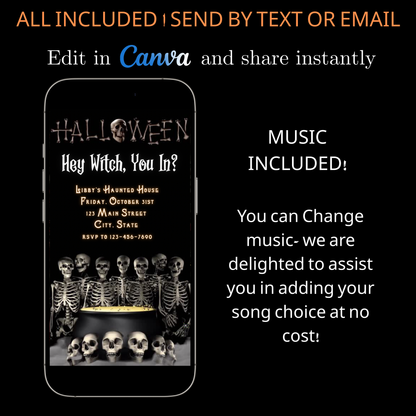 Halloween-Videoeinladung, animierte Einladung mit Skelettmotiven, bearbeitbare mobile Einladung zur Halloween-Party
