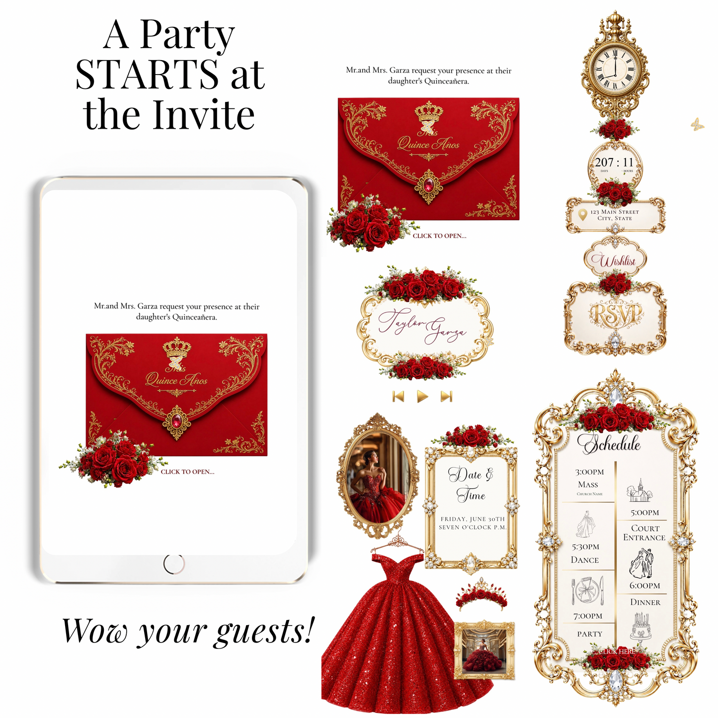 Red and Gold Quinceanera Website Invitation with RSVP tracking