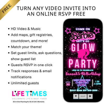 Editable Barbie Video Invitation | Animated Pink Barbie Digital Evite | Editable Canva Invite Template