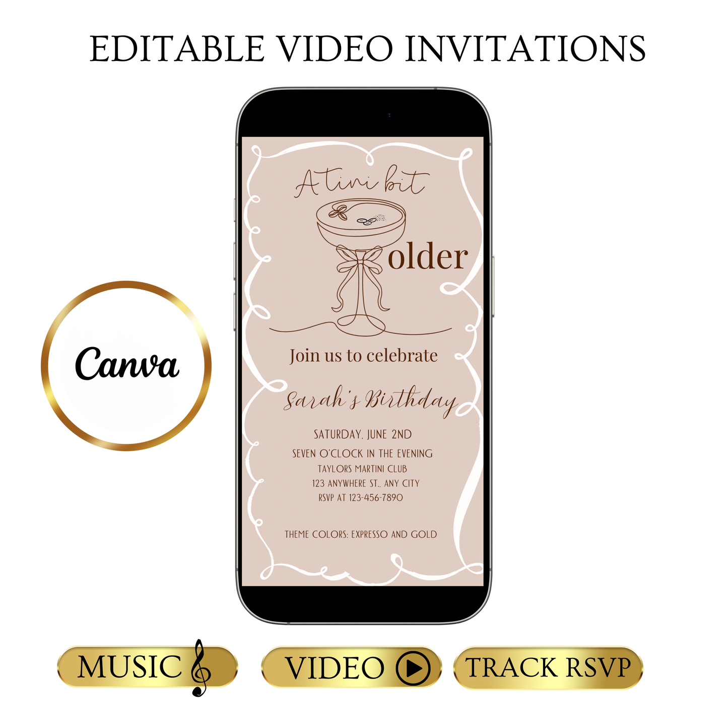 Martini Birthday Video Invitation | Animated A Tini Bit Older Digital Evite | Editable Canva Invite Template