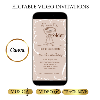 Martini Birthday Video Invitation | Animated A Tini Bit Older Digital Evite | Editable Canva Invite Template