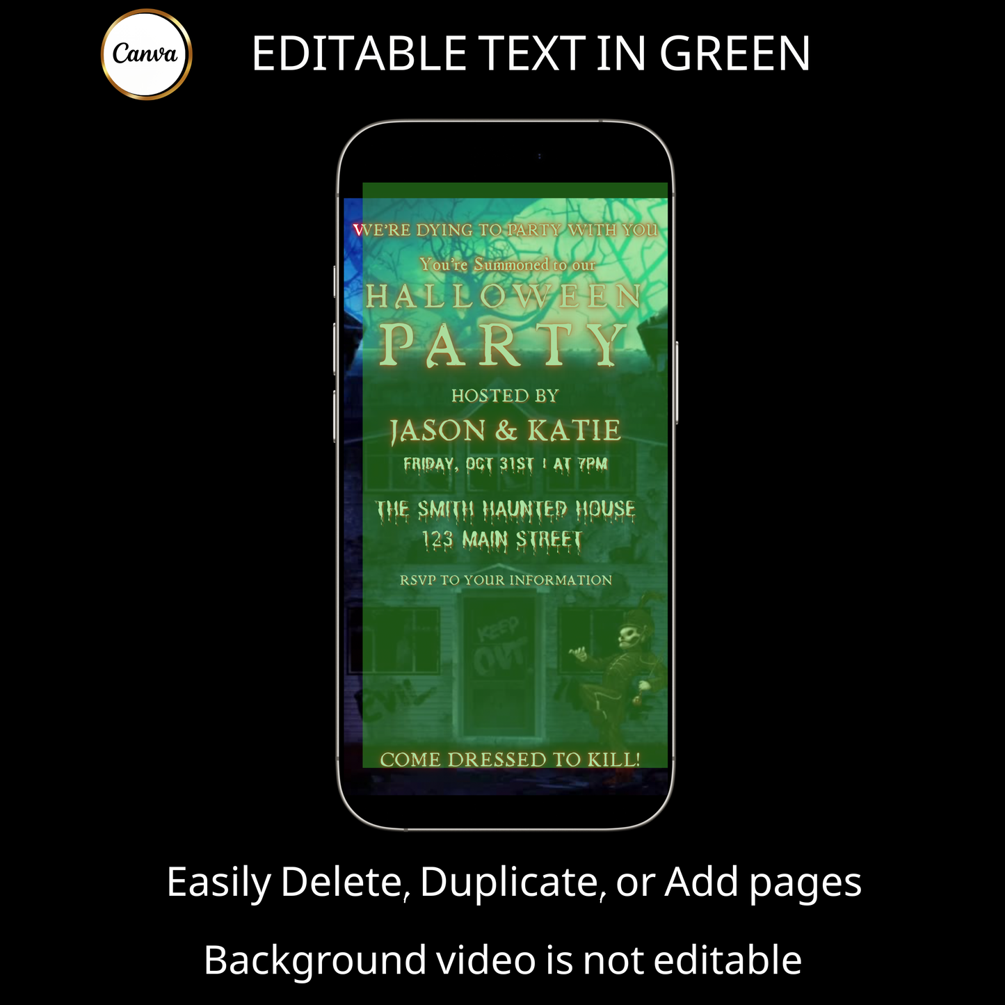 Halloween-Videoeinladung, animierte Halloween-Einladung für März, bearbeitbare mobile Halloween-Party-Einladung