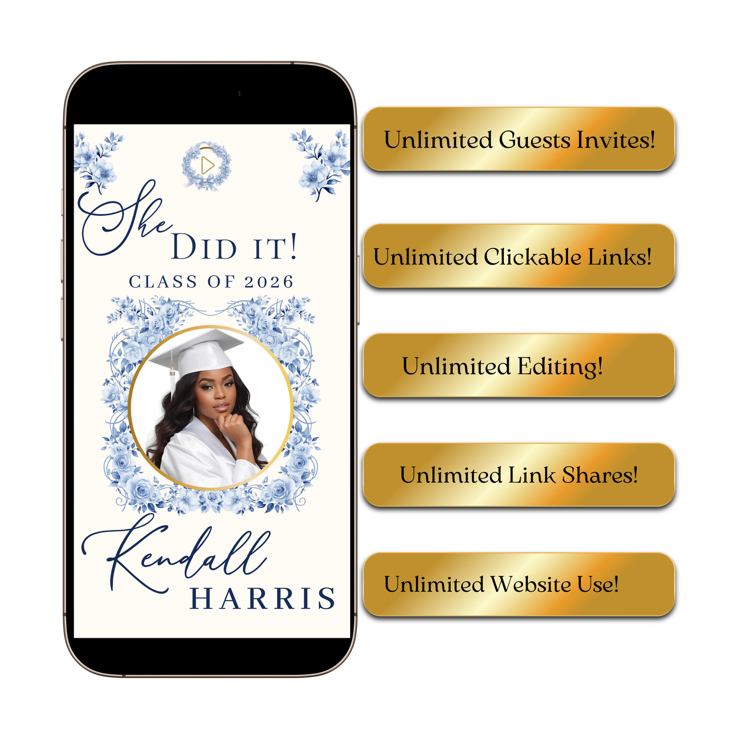 Einladung zur Abschlussfeier 2026 | Canva-Vorlage für Antwortmöglichkeit mit Musik | Blaues Blumenmuster für sie