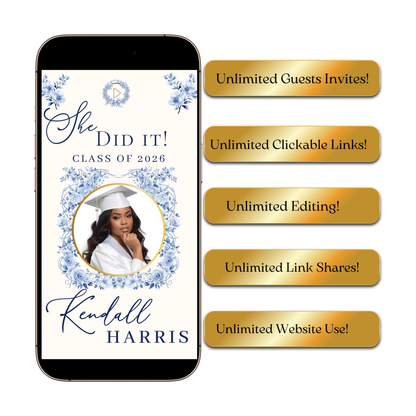 Einladung zur Abschlussfeier 2026 | Canva-Vorlage für Antwortmöglichkeit mit Musik | Blaues Blumenmuster für sie