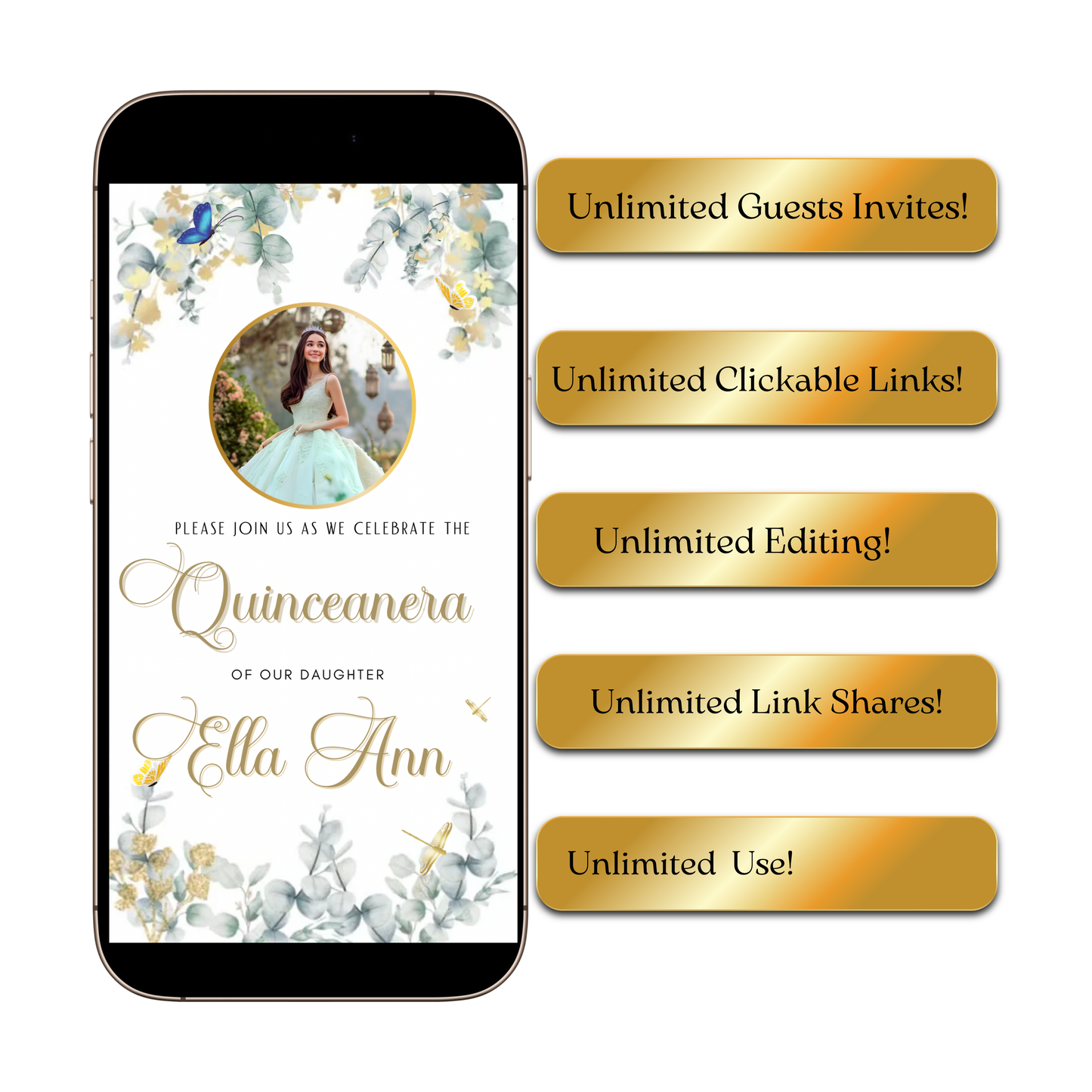 Quinceanera Video Invite | Editable Sweet 15 Birthday Sweet 16 Canva Evite Template