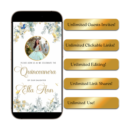 Quinceanera Video Invite | Editable Sweet 15 Birthday Sweet 16 Canva Evite Template