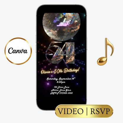 Studio 54 Video Invitation | Animated Disco Birthday Digital Evite | Editable Canva Invite Template