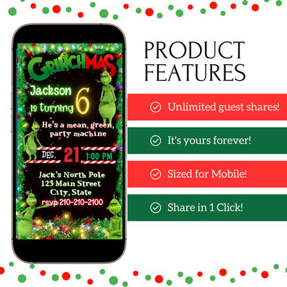 The Grinch Video Invitation | Digital Christmas Invite | Editable Canva Template