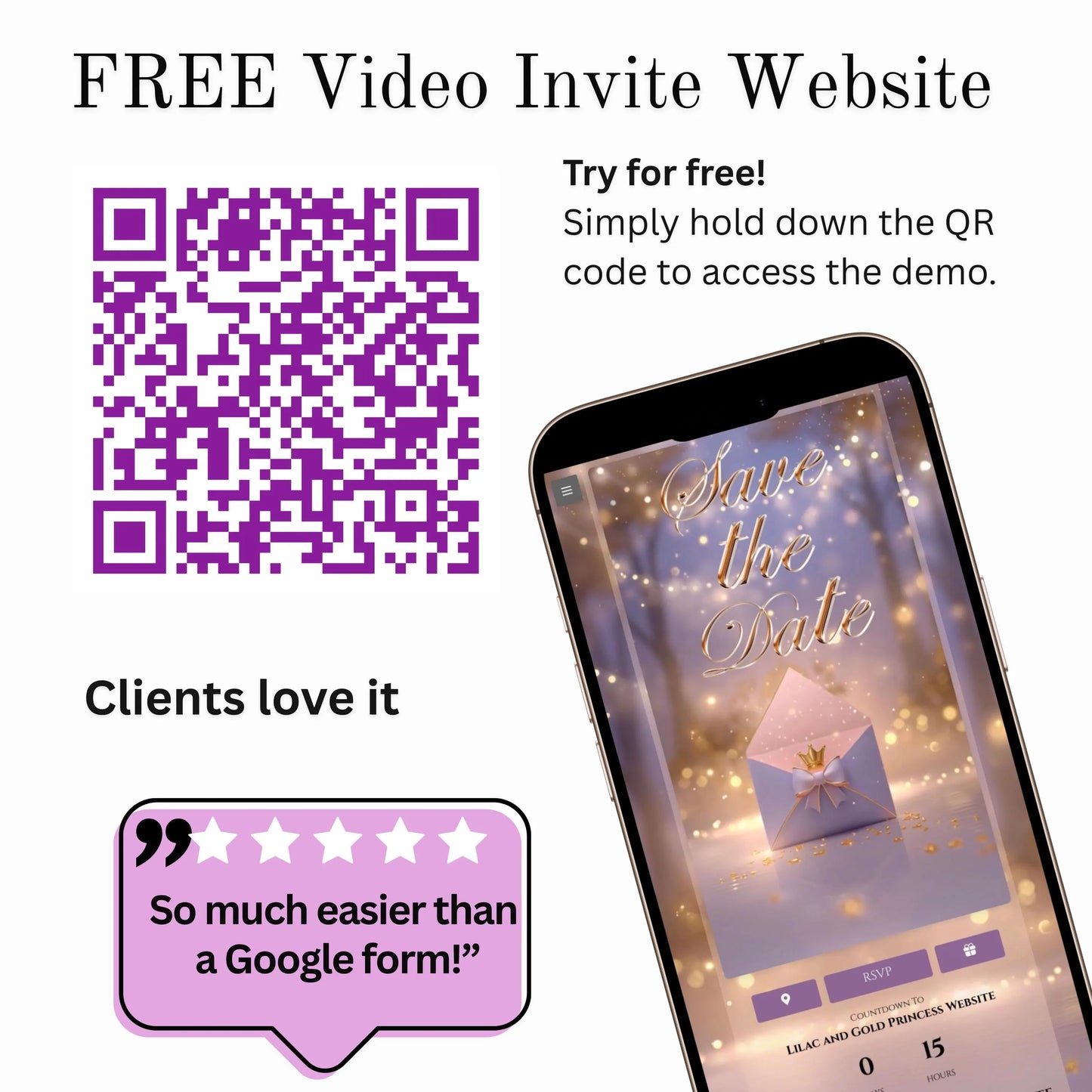 Lilac and Pink Quinceañera Video Invitation Canva Template with envelope opening