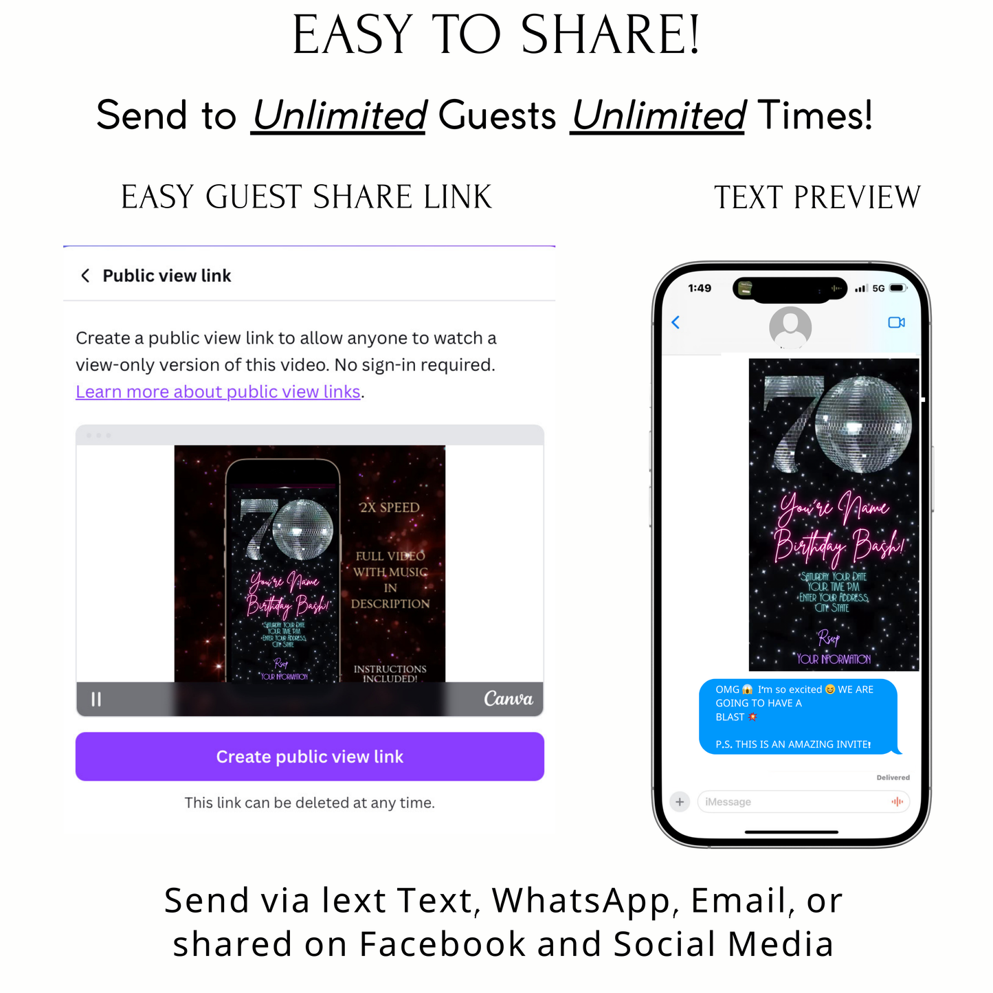 70th Birthday Party Video Invitation | Animated Disco Digital Evite | Editable Canva Invite Template