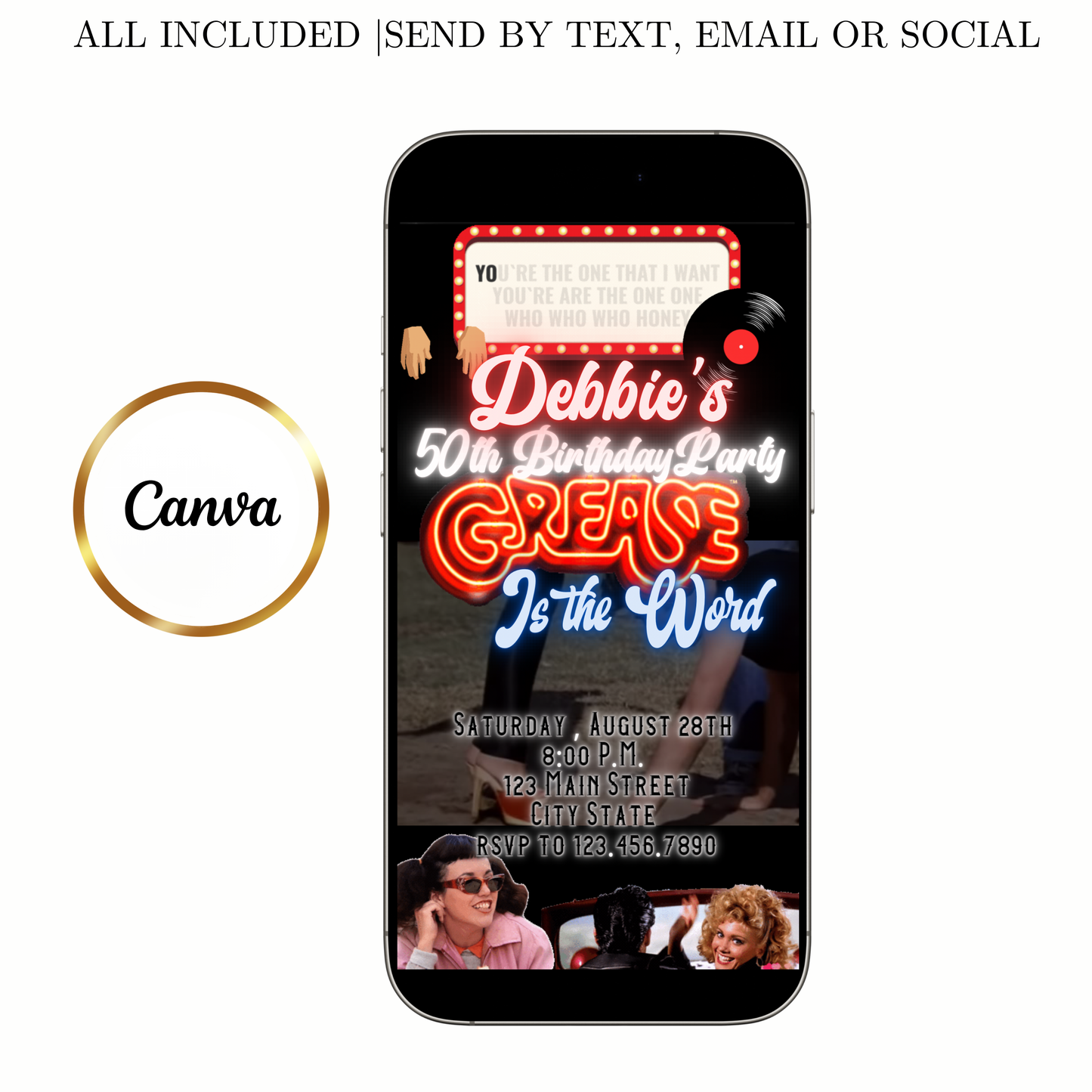 Grease Video Invitation | Digital Rockabilly 1950s Invitation | Editable Canva Evite Template