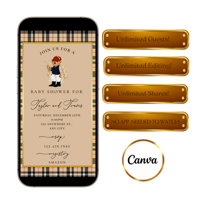 Polo Bear Baby Shower Video Invitation | Digital Burberry Plaid Invite | Editable Canva Template