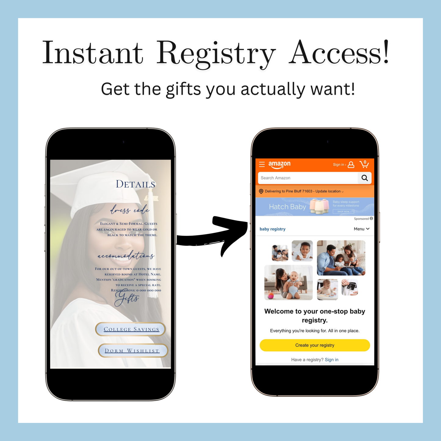 Einladung zur Abschlussfeier 2026 | Canva-Vorlage für Antwortmöglichkeit mit Musik | Blaues Blumenmuster für sie