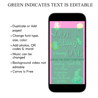 Easter Birthday Animated invitation | Pink Some Bunny Loves You Canva template