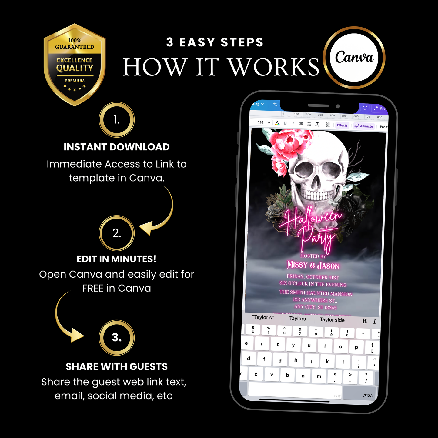 Halloween-Videoeinladung, animierte Einladung mit rosa Totenkopf, bearbeitbare mobile Einladung zur Halloween-Party