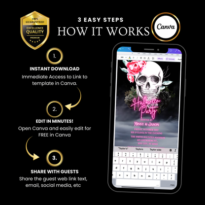 Halloween-Videoeinladung, animierte Einladung mit rosa Totenkopf, bearbeitbare mobile Einladung zur Halloween-Party