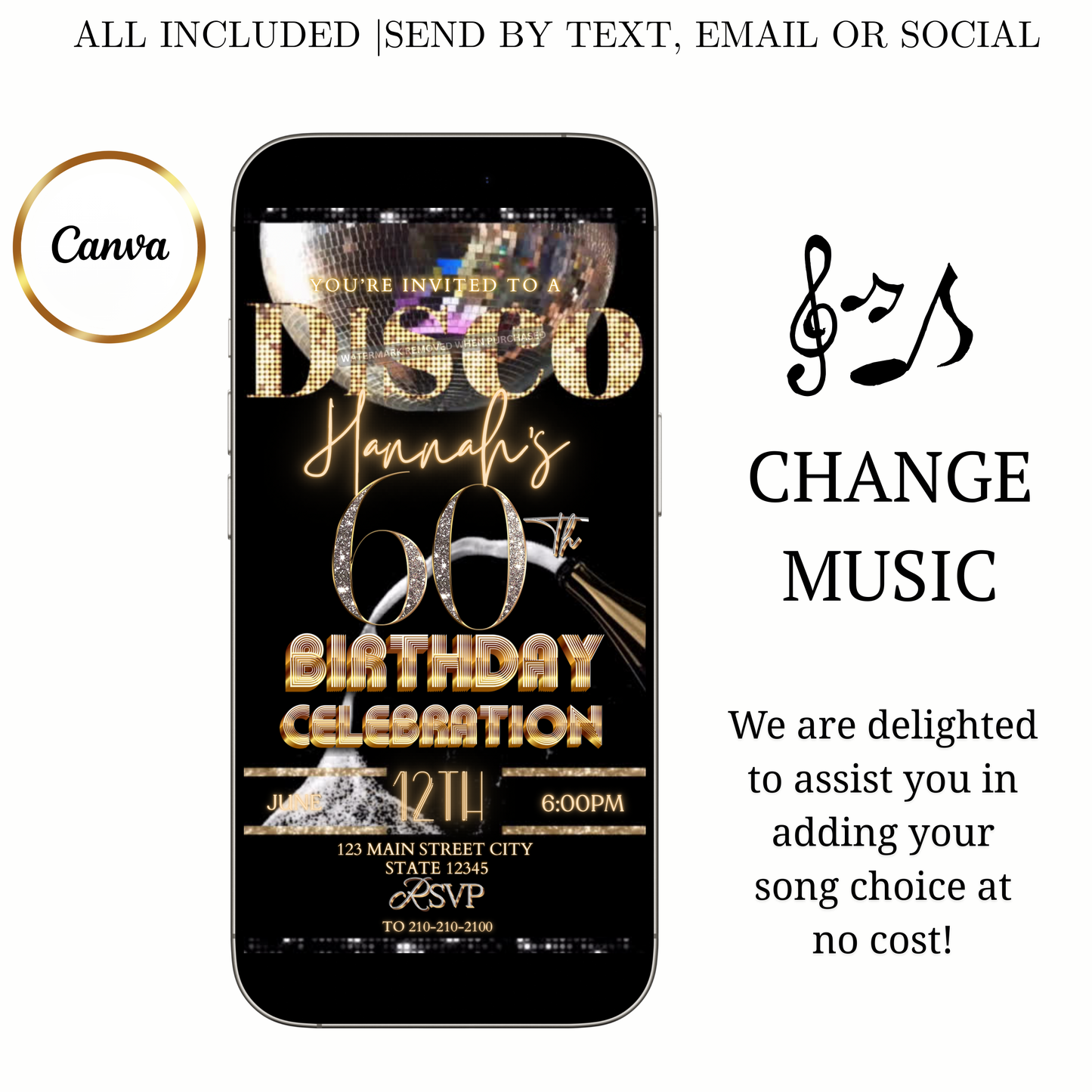 Disco 60th Birthday Party Video Invitation | Champagne Disco Theme Digital Evite | Editable Canva Template