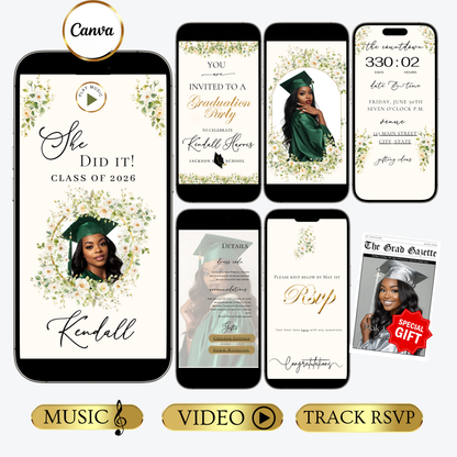 2026 Graduation Website Invitation | Canva Website RSVP Template with Music | Spring Floral for her
