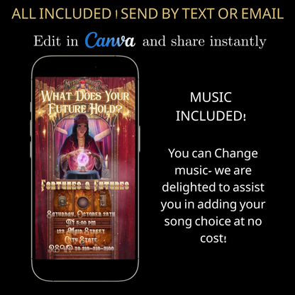 Halloween Video Invitation, Tarot Fortune Teller Animated Invite, Editable Halloween Party Mobile Evite
