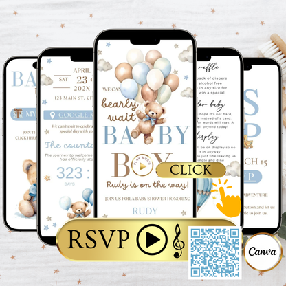 Bearly Wait Baby Shower Baby Shower Website Invite | Webpage with Music and RSVP | Baby Shower Canva Website Template