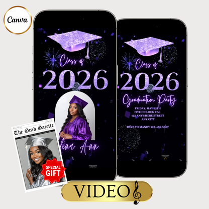 Graduation Party Video Invitation | Purple and Black Graduation Invite for Her | Editable Online RSVP Evite Canva Template