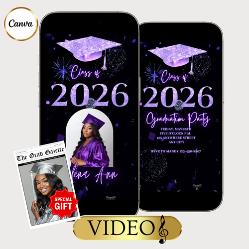 Graduation Party Video Invitation | Purple and Black Graduation Invite for Her | Editable Online RSVP Evite Canva Template