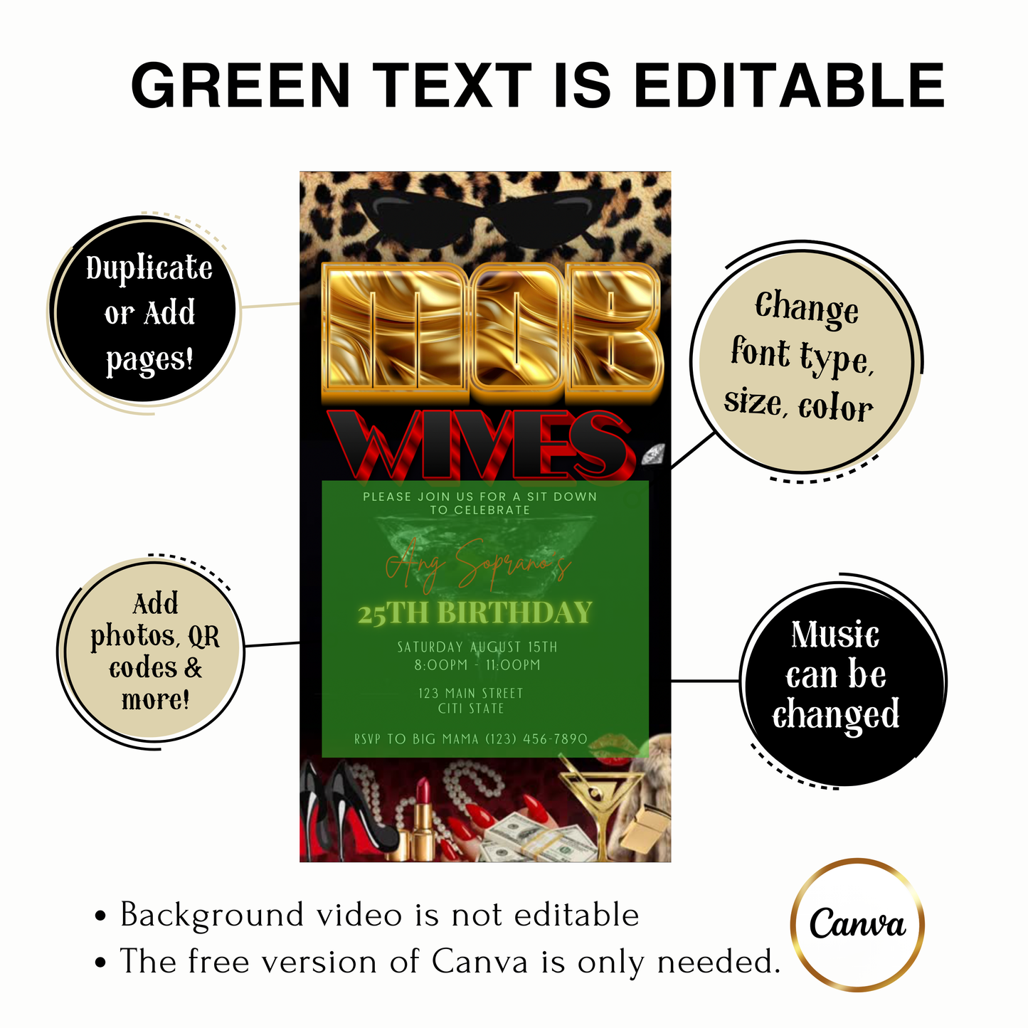 Mob Wife Video | Invitation Glam Mafia Party Invite | Canva Template