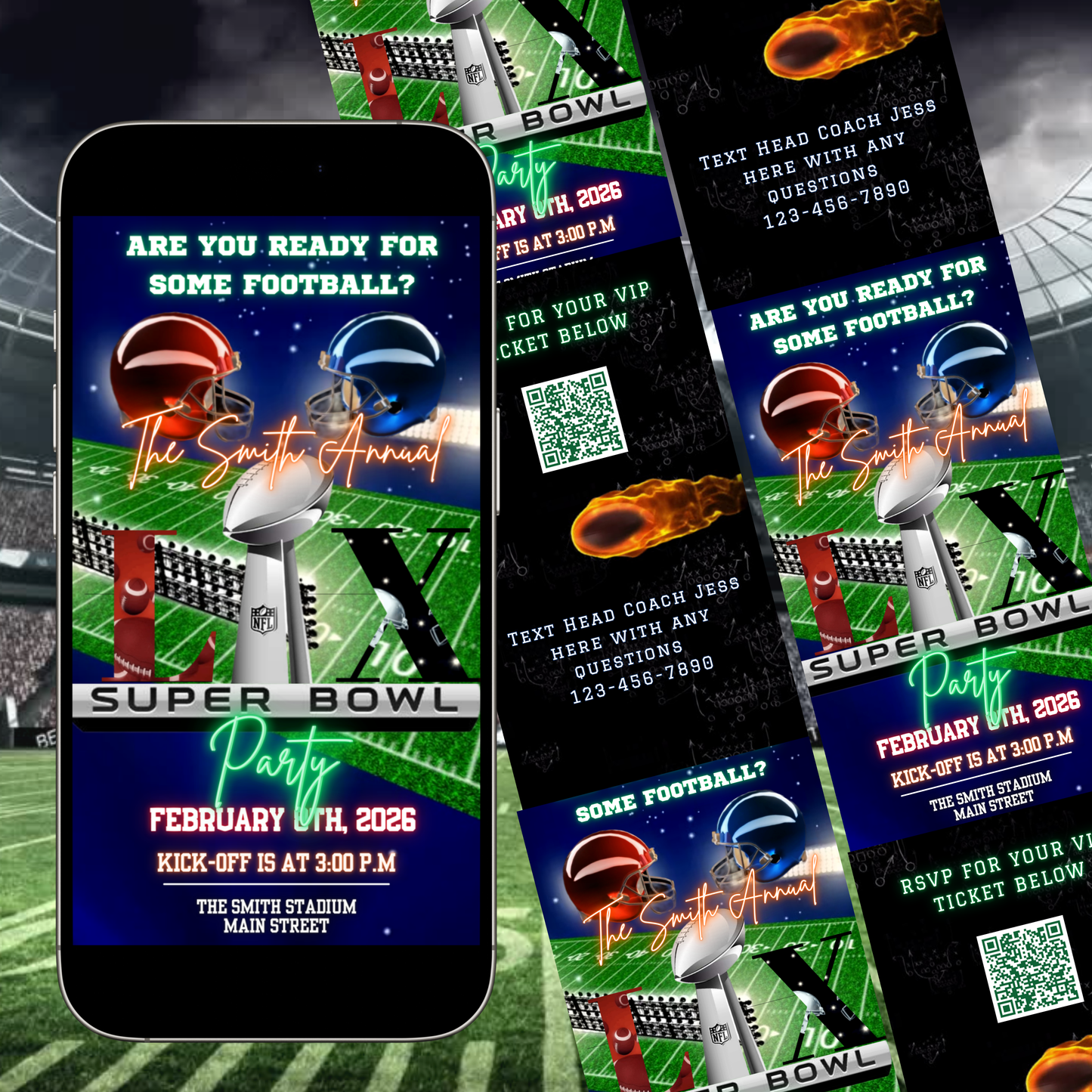 Super Bowl LX Party Video Invitation | Digital Football Game Day Invite | Editable Online Template