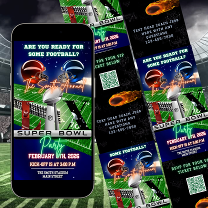 Super Bowl LX Party Video Invitation | Digital Football Game Day Invite | Editable Online Template