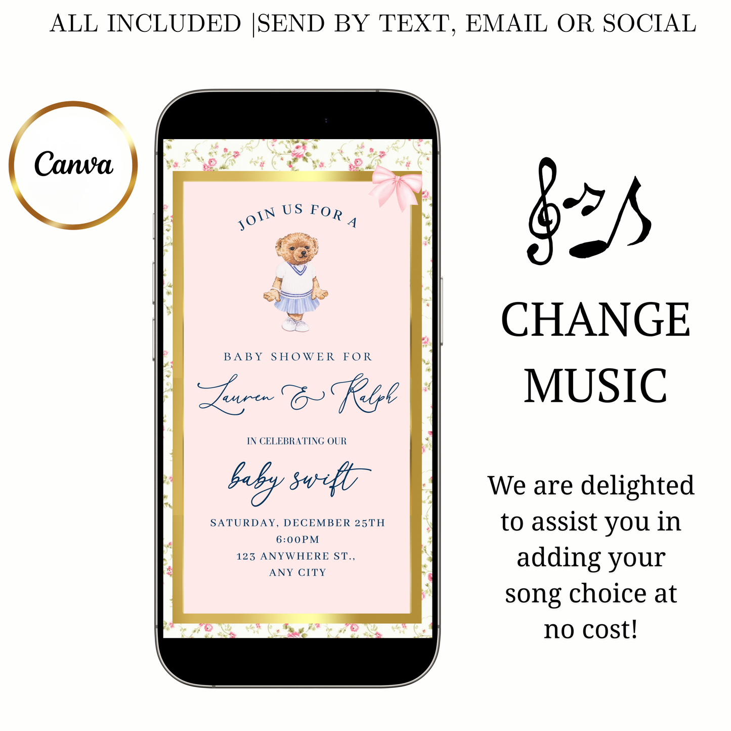 Pink Polo Bear Video Invitation | Digital Preppy Pink Spring RSVP Tracker Invite | Editable Canva Template
