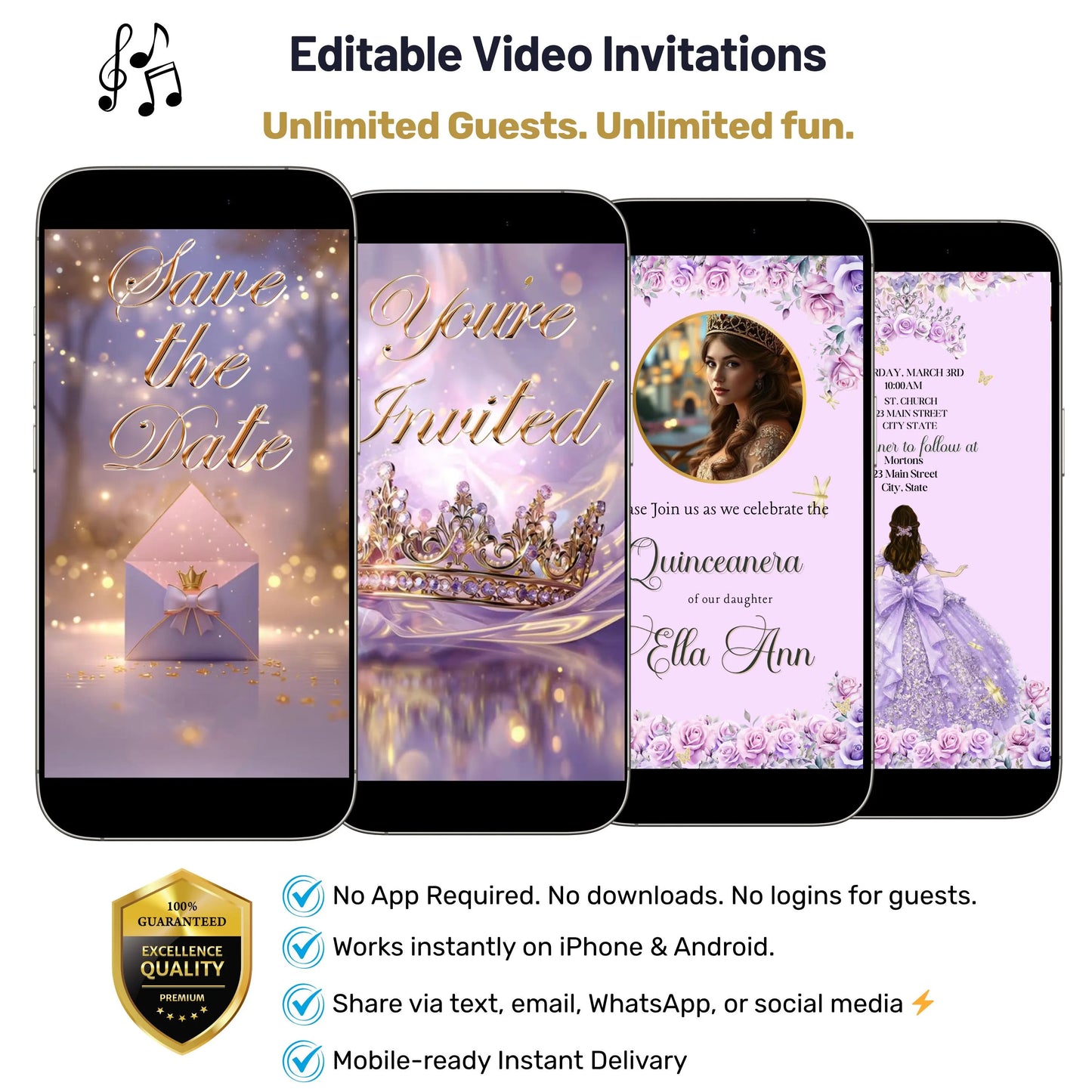 Lilac and Pink Quinceañera Video Invitation Canva Template with envelope opening