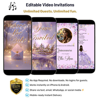 Lilac and Pink Quinceañera Video Invitation Canva Template with envelope opening