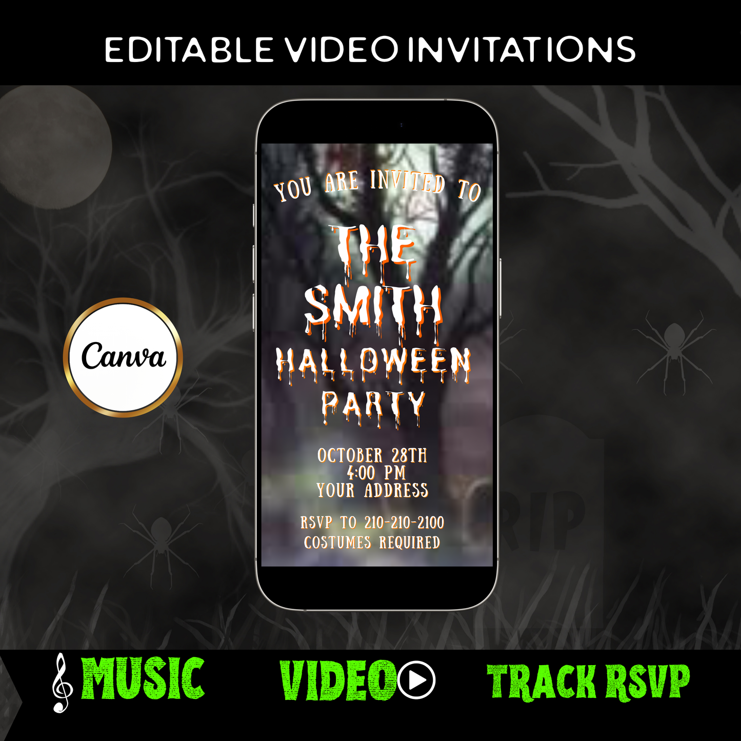 Halloween-Videoeinladung, animierte Einladung zum Spukwald, bearbeitbare mobile Halloween-Party-Einladung