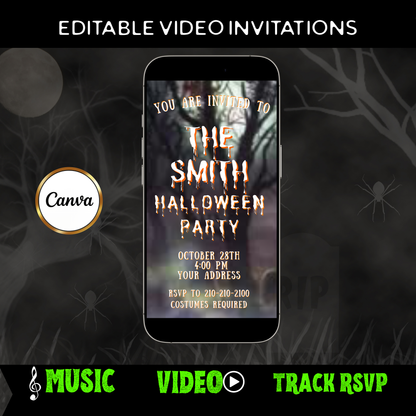 Halloween-Videoeinladung, animierte Einladung zum Spukwald, bearbeitbare mobile Halloween-Party-Einladung