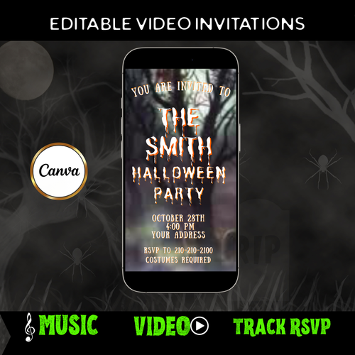 Halloween-Videoeinladung, animierte Einladung zum Spukwald, bearbeitbare mobile Halloween-Party-Einladung