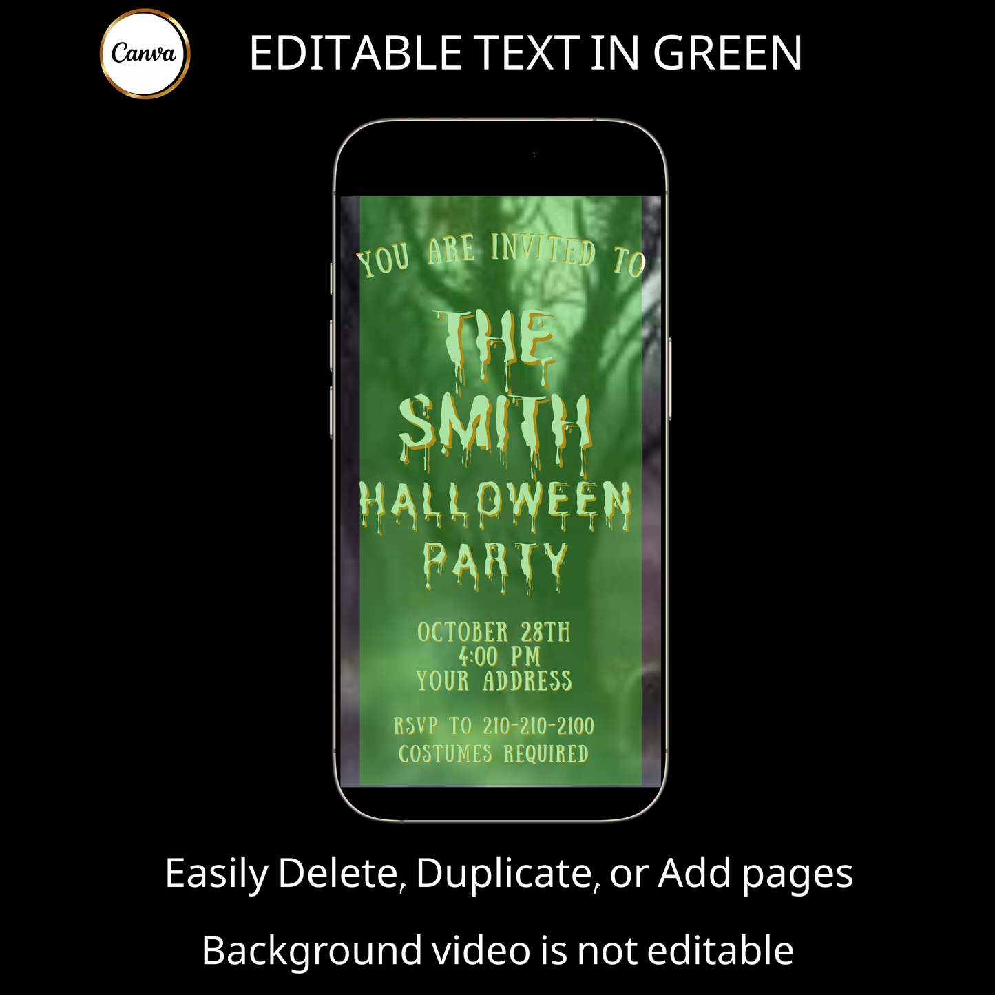 Halloween-Videoeinladung, animierte Einladung zum Spukwald, bearbeitbare mobile Halloween-Party-Einladung