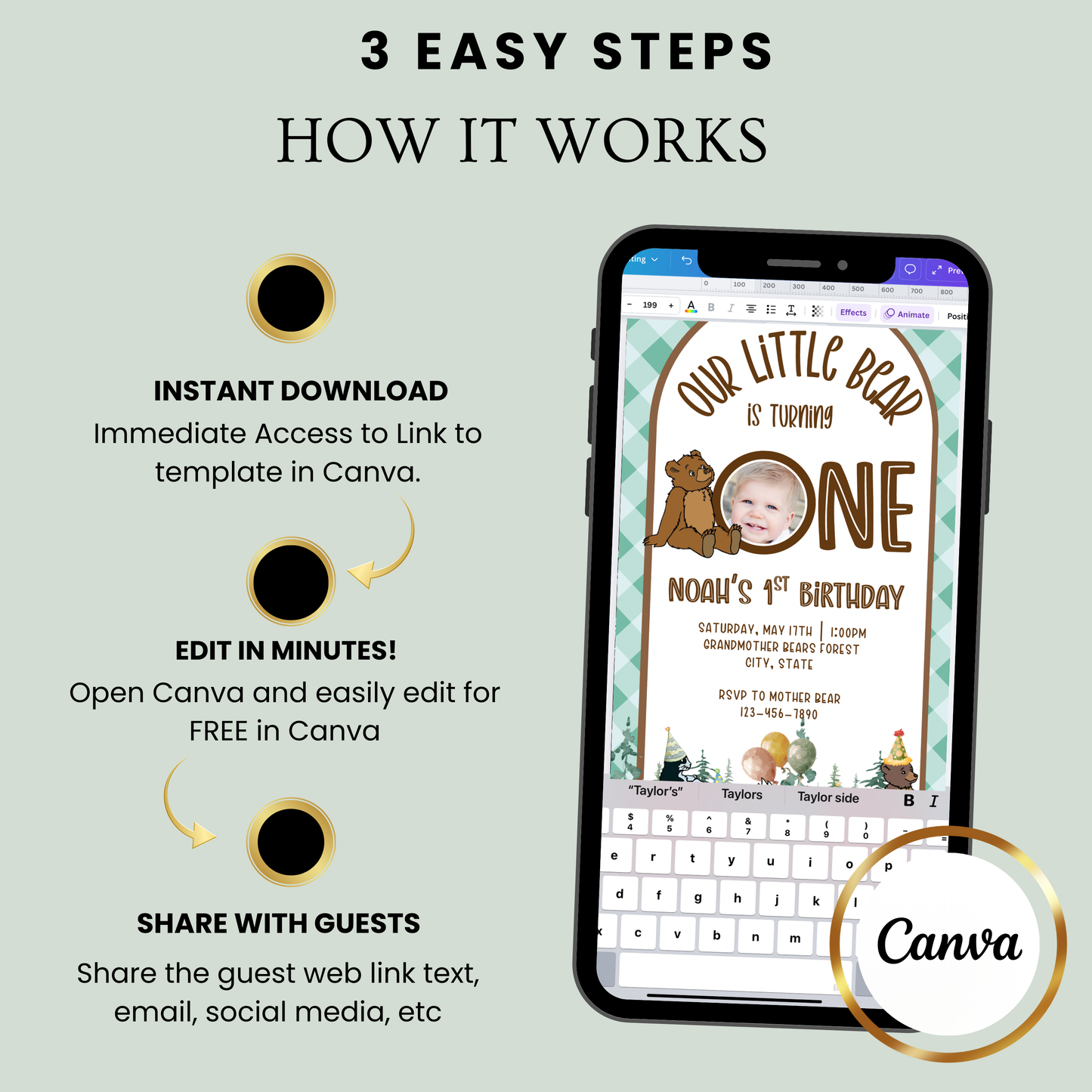 Little Bear Video Invitation, Teddy Bear Baby Shower Invite, First Birthday Bear Party Animated Invite, Editable Mobile Evite with Music & RSVP