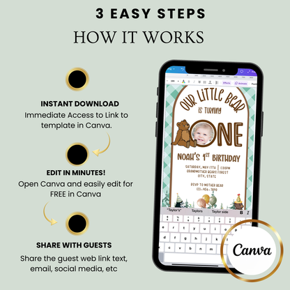 Little Bear Video Invitation, Teddy Bear Baby Shower Invite, First Birthday Bear Party Animated Invite, Editable Mobile Evite with Music & RSVP