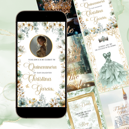 Sage Quinceañera Invitation | Princess Video Invite | Green Sweet 16 Evite | Editable Canva Template