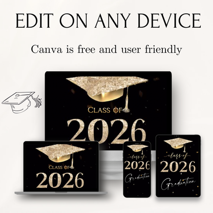 Black and Gold Graduation Party Video Invitation | Digital Glam Graduation Invite | Editable Online RSVP Evite Canva Template