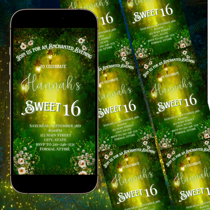 Enchanted Forest Video Invite | Animated Sweet 15 16 Save the Date Evite | Editable Canva Evite Template