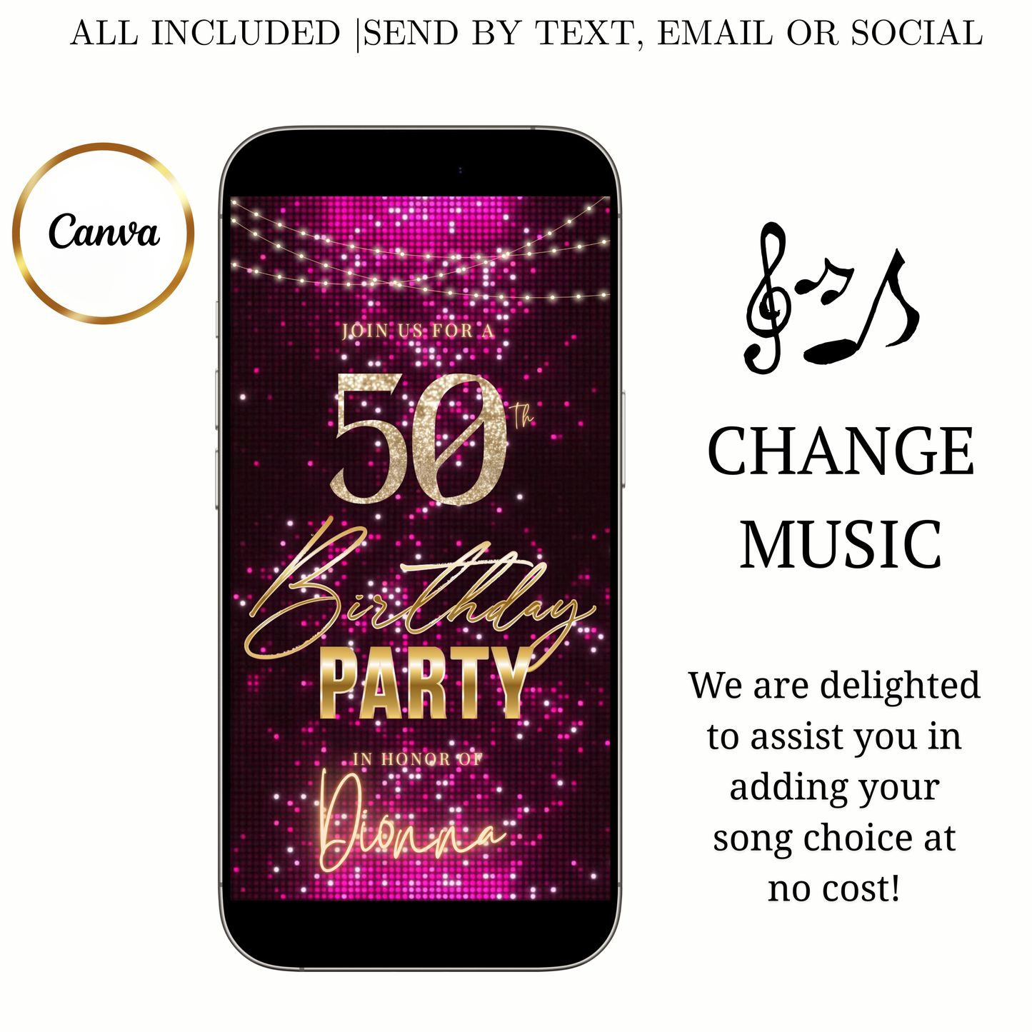Violet and Gold 50th Birthday Video Invitation –  RSVP tracking website - Editable Canva Animated Invite