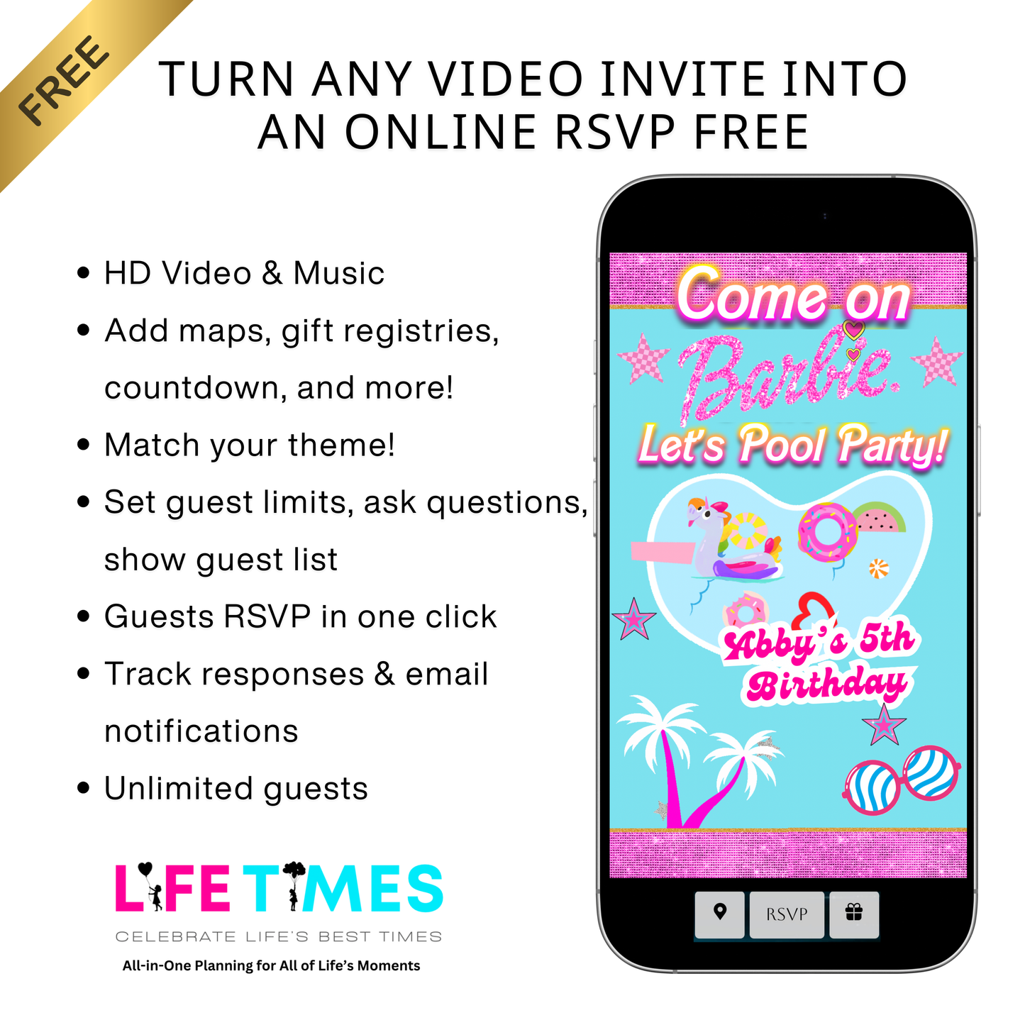 Bearbeitbare Barbie-Videoeinladung | Animierte digitale Einladung mit pinkfarbener Barbie | Bearbeitbare Canva-Einladungsvorlage
