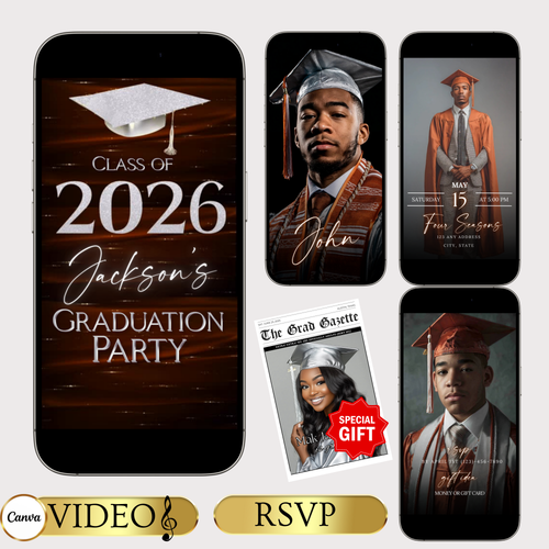 Graduation Party Video Invitation | Class of 2026 Orange and Silver Invite for Him | Editable Online RSVP Evite Canva Template