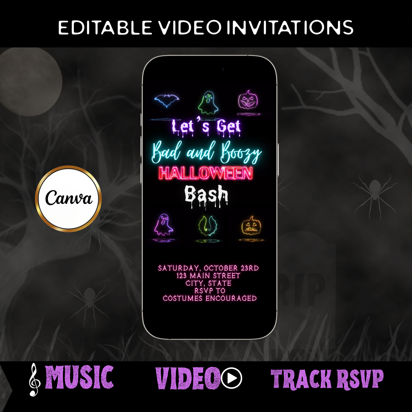 Halloween-Videoeinladung, animierte Neon-Halloween-Einladung, bearbeitbare mobile Halloween-Party-Einladung