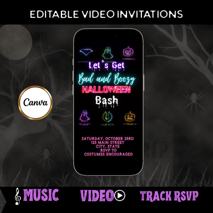 Halloween-Videoeinladung, animierte Neon-Halloween-Einladung, bearbeitbare mobile Halloween-Party-Einladung