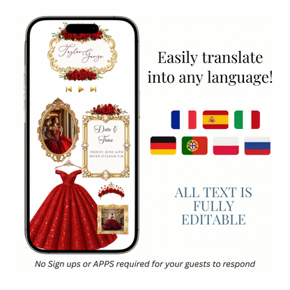 Red and Gold Quinceanera Website Invitation with RSVP tracking