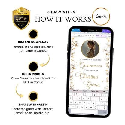 White and Gold Quinceañera Invitation | Royal Princess Video Invite with RSVP Website | Editable Canva Template | Elegant Gold Dress Sweet 16 Digital Evite