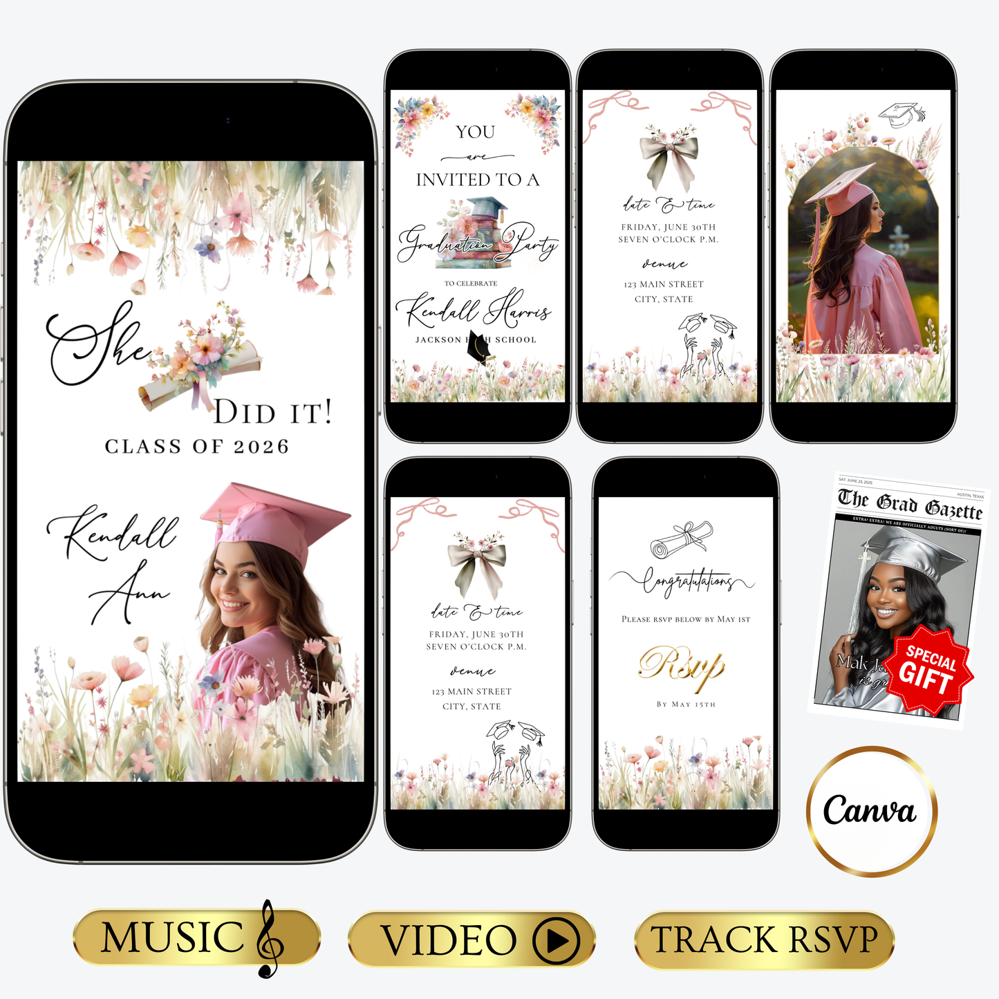 Graduation Party Video Invitation | Spring Floral Graduation Invite for Her | Editable Online RSVP Evite Canva Template