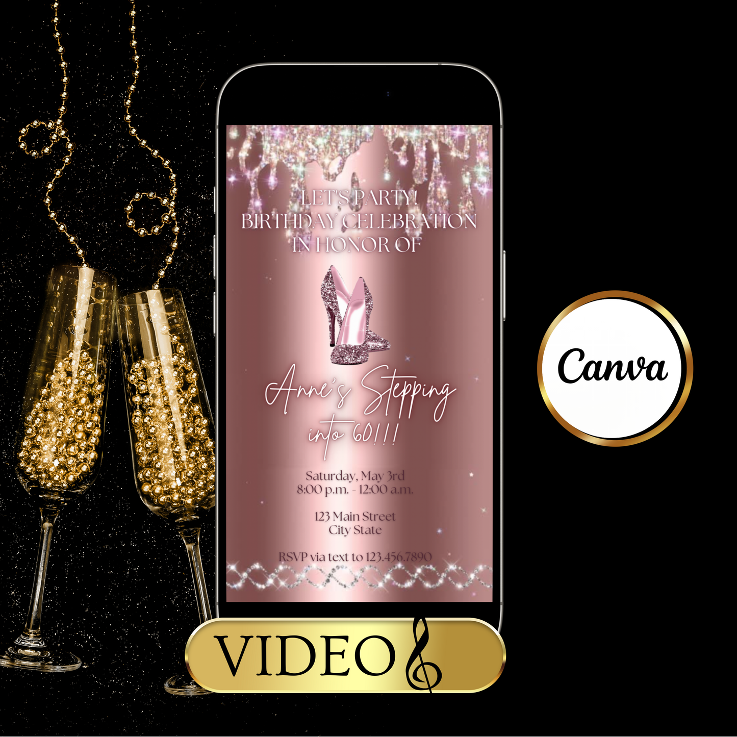 Stepping Into My Birthday Video Invite | Rose Gold Heel Digital Evite | Editable Canva Invite Template